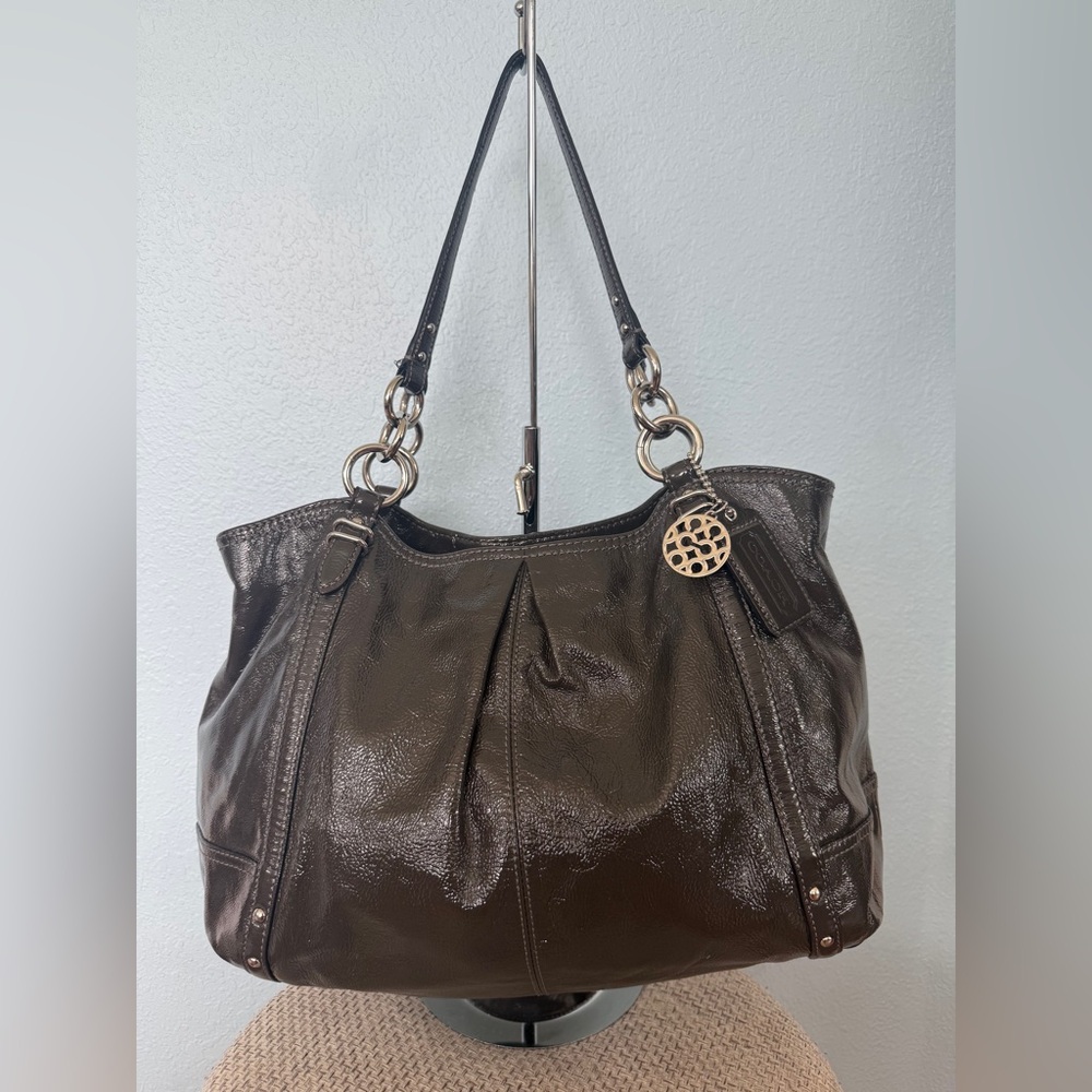 Coach Dark Brown Patent Leather Shoulder Bag with Silver-Tone Hardware